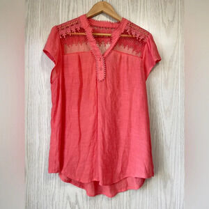 Perch by Blu Pepper Top XXL 2XL Coral Embroidered Cap Sleeve Boho Peasant Blouse